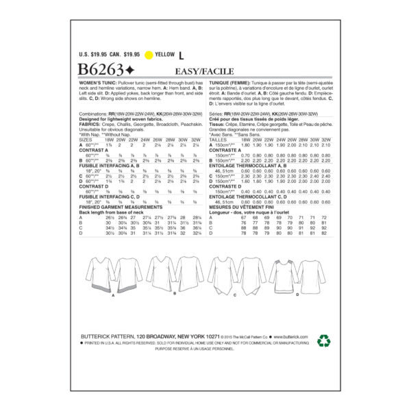 Butterick Schnittmuster - B6263 -  Shirt, Zipfelshirt, Longshirt – Bild 6