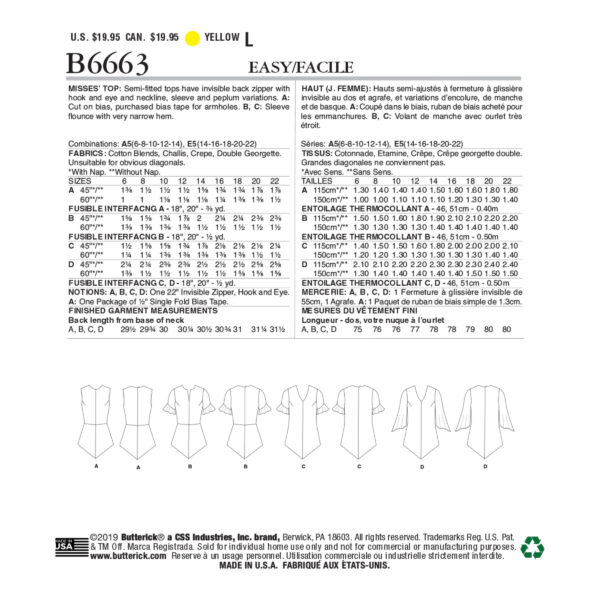 Butterick Schnittmuster - B6663 -  Bluse, Sommerbluse kurzärmelig – Bild 8