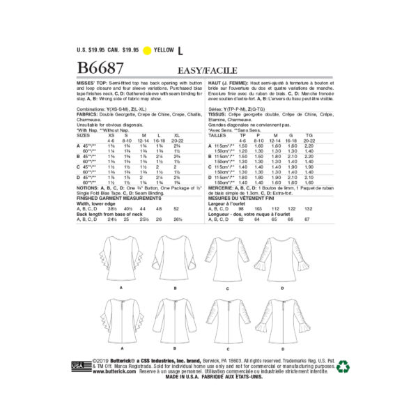 Butterick Schnittmuster - B6687 -  Bluse mit gerafftem Ärmel – Bild 8