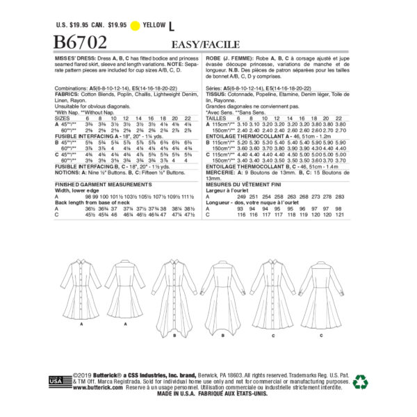 Butterick Schnittmuster - B6702 - Hemdblusenkleid – Bild 4