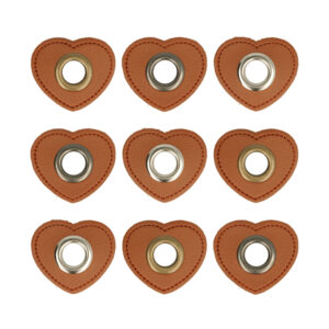 5 Paar (10 Stk.) Ösen Patches Kunstleder braun Herz - ca. 27x30 mm - Metallösen
