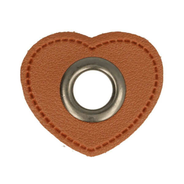 5 Paar (10 Stk.) Ösen Patches Kunstleder braun Herz - ca. 27x30 mm - Metallösen – Bild 2