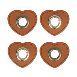 5 Paar (10 Stk.) Ösen Patches Kunstleder braun Herz - ca. 32x37 mm - Metallösen