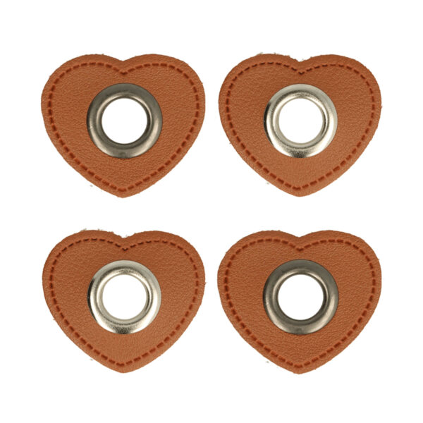 5 Paar (10 Stk.) Ösen Patches Kunstleder braun Herz - ca. 32x37 mm - Metallösen