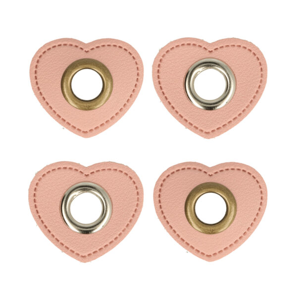 5 Paar (10 Stk.) Ösen Patches Kunstleder rosa Herz - ca. 32x36 mm - Metallösen