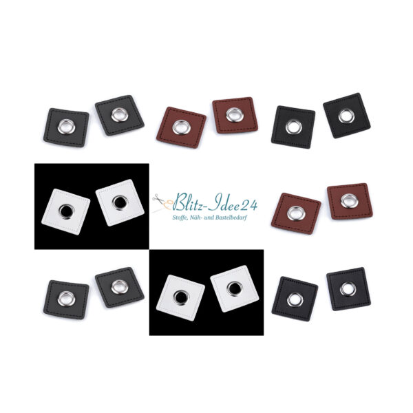 10 Paar (20 Stk.) Ösen auf Kunstleder - Patches - ca. 30x30 mm - 8 mm Metallösen