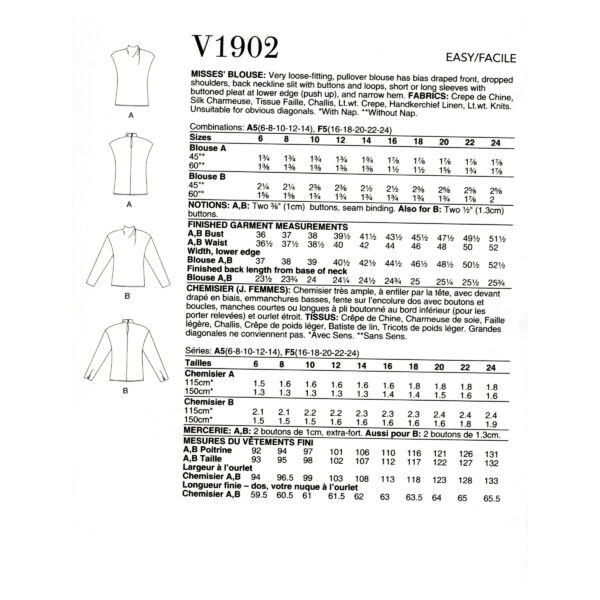 Vogue Schnittmuster - Vintage - V1902 - Shirt oder Pullover mit angeschnittenem Kragen – Bild 5