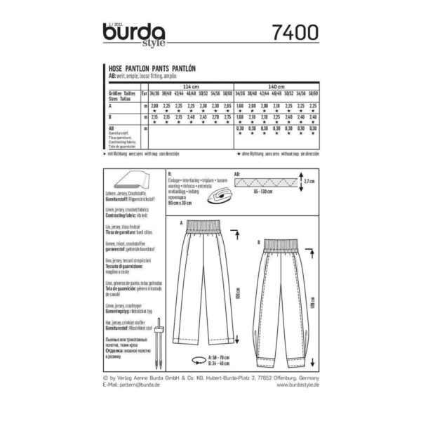 Burda Schnittmuster - Hose - Schlupfhosen - bequemer Bund - Nr. 7400 – Bild 9