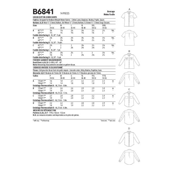 Butterick Schnittmuster - B6841 - Hemd unisex – Bild 5