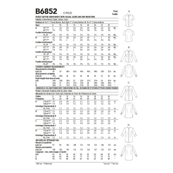 Butterick Schnittmuster - B6852 - Hemdbluse, leicht tailliert – Bild 9