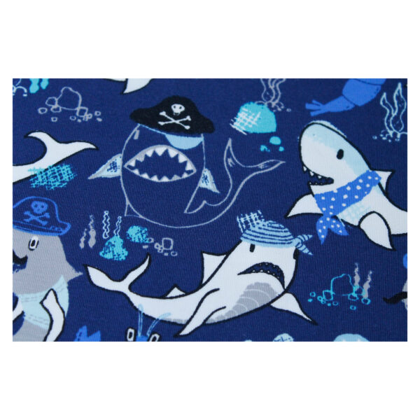 Reststück - Baumwolle Jersey - Haifisch - maritim -  blau / weiß - 2,20m x 150 cm – Bild 2