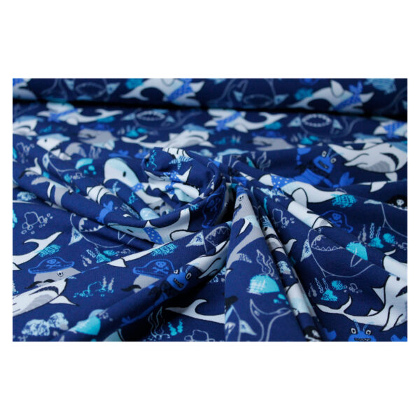 Reststück - Baumwolle Jersey - Haifisch - maritim -  blau / weiß - 2,20m x 150 cm – Bild 3