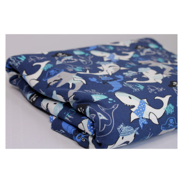 Reststück - Baumwolle Jersey - Haifisch - maritim -  blau / weiß - 2,20m x 150 cm – Bild 4