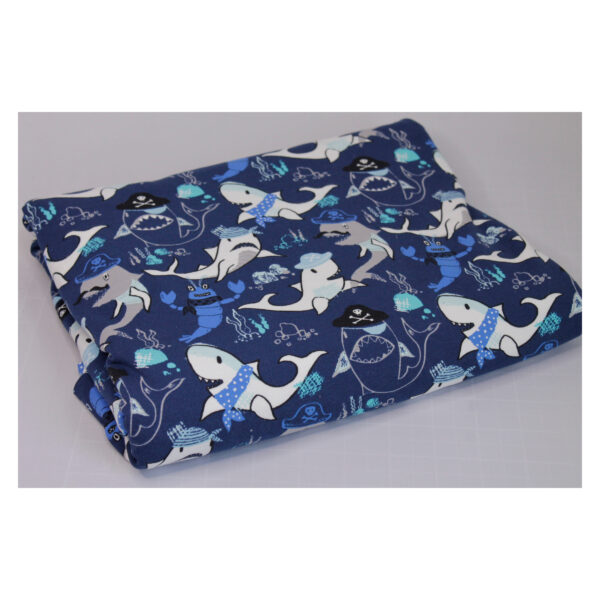 Reststück - Baumwolle Jersey - Haifisch - maritim -  blau / weiß - 2,20m x 150 cm