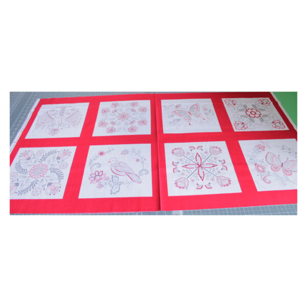 13.80 EURO/ m - Patchworkstoff, Scarlet Stitches, Schmetterlinge, Blumen, Panel 61 cm, rot/weiß