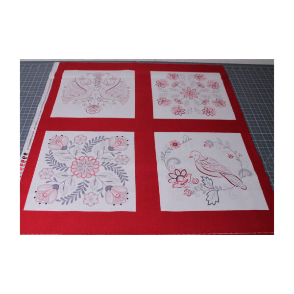 13.80 EURO/ m - Patchworkstoff, Scarlet Stitches, Schmetterlinge, Blumen, Panel 61 cm, rot/weiß – Bild 2