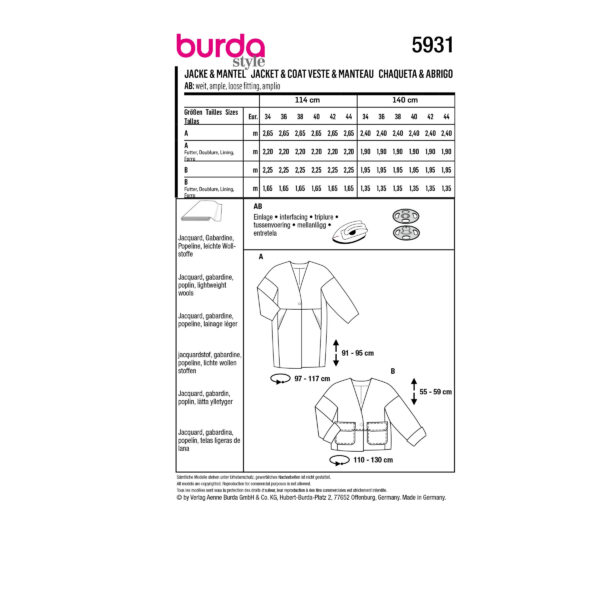 Burda Style Schnittmuster - Mantel und Jacke - kragenlos - Nr.5931 – Bild 8