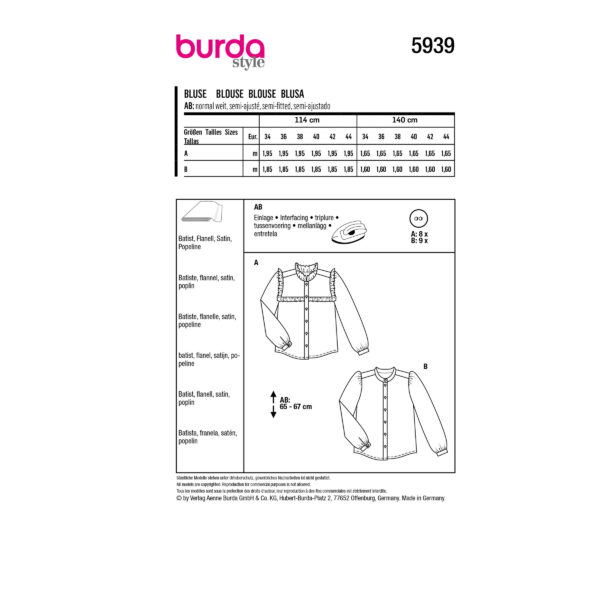 Burda Style Schnittmuster - Bluse - Stehkragen oder Rüschen - Nr.5939 – Bild 8