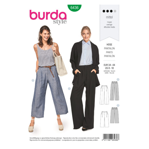 Burda Style Schnittmuster - Hose - Bundfaltenhose - Culotte - Nr.6436