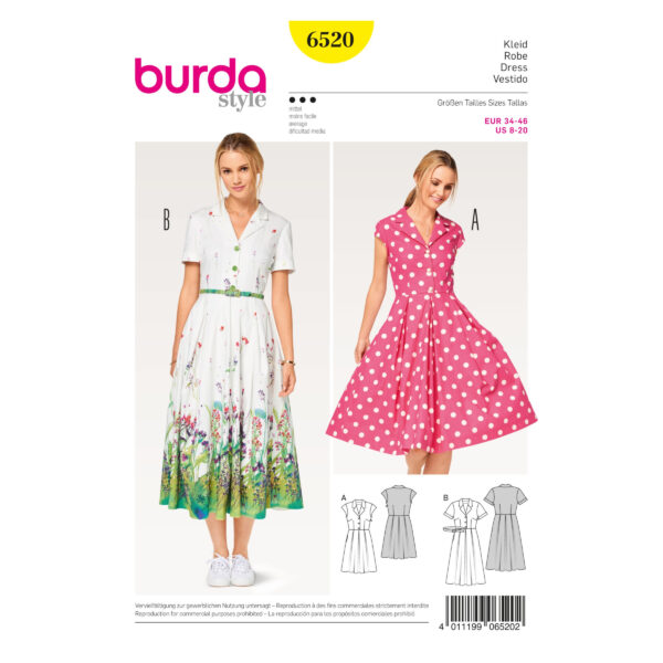 Burda Style Schnittmuster - Kleid im Hemdblusenstil mit Faltenrock - Nr.6520