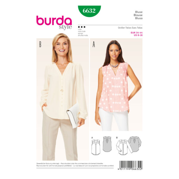 Burda Style Schnittmuster - Bluse - Blusenshirts mit V-Ausschnitt - Nr.6632