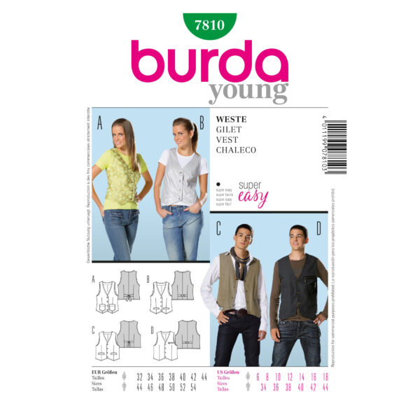 Burda Style Schnittmuster - Weste - Unisex - Kurzweste - Nr. 7810