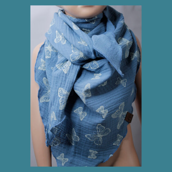 XXL Tuch - Kinder - Musselin - Rauchblau, Schmetterling - 1,30 m x 0,95 m