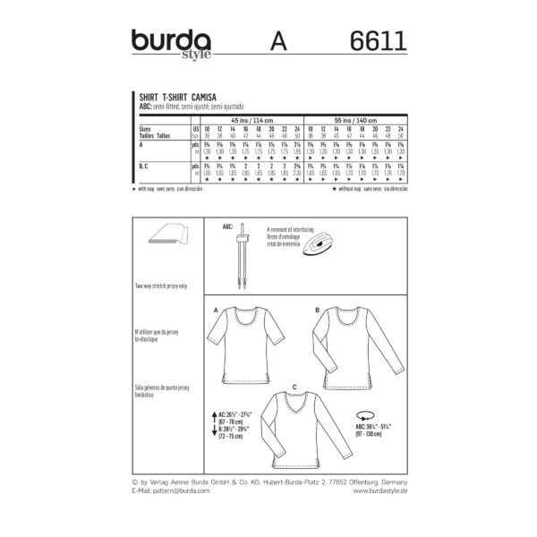 Burda Style Schnittmuster - Shirt - Shirts mit Runden + V-Ausschnitt - Nr. 6611 – Bild 6