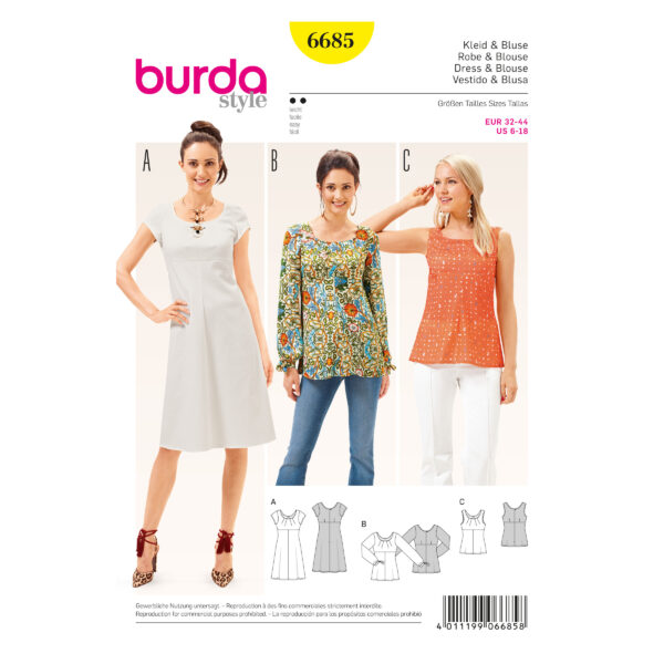 Burda Style Schnittmuster - Bluse + Kleid & Top - hohe Taille - Nr. 6685