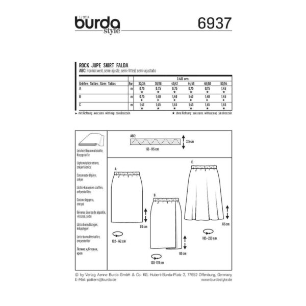 Burda Style Schnittmuster - Rock - einfacher Rock - Gummizug - Nr. 6937 – Bild 5