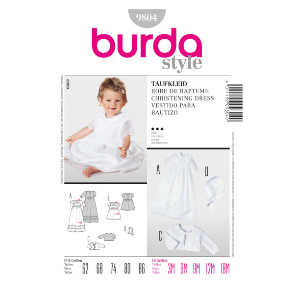 Burda Schnittmuster - Kombination - Taufkleid, Jäckchen & Haube - Nr. 9804