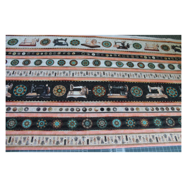 13.80EUR/m - Baumwollstoff, Patchworkstoff - Nähmaschinen gestreift - schwarz/ beige/ orange – Bild 2