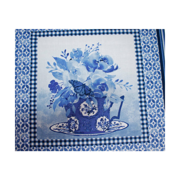 13.80 EUR/m - Baumwollstoff - Patchworkstoff - Blue Jubilee - Panel, Blumen in Tassen - Weiß / Blau – Bild 2