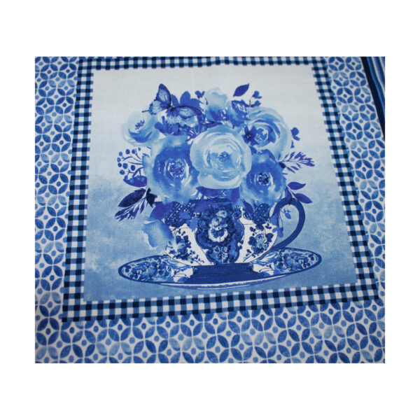 13.80 EUR/m - Baumwollstoff - Patchworkstoff - Blue Jubilee - Panel, Blumen in Tassen - Weiß / Blau – Bild 3