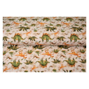 17.60EUR/ m -Jersey mit kleinen Dinos - weiß/ grün /orange