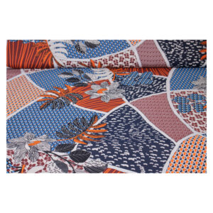 9.96EUR/m - samtig weiche Sandwashed Viskose - graphisches Muster - Blau-Orange