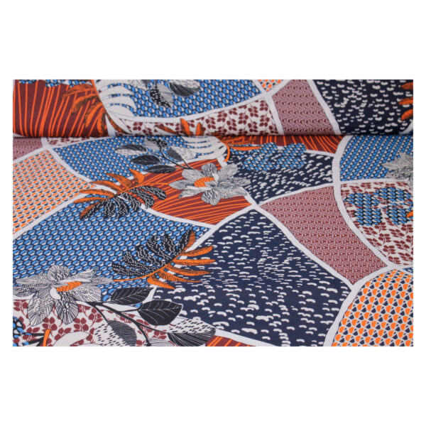 9.96EUR/m - samtig weiche Sandwashed Viskose - graphisches Muster - Blau-Orange