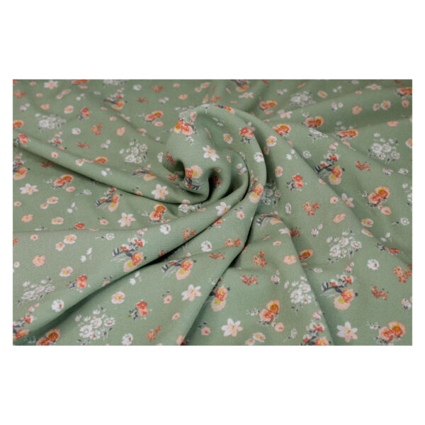 9.96EUR/m - entzückender Crépe Marocaine - Streublumenmuster - Lindgrün-Orange – Bild 2