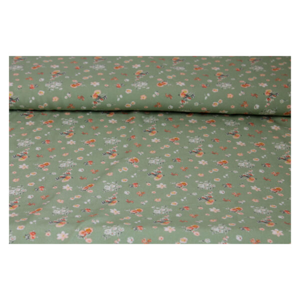 9.96EUR/m - entzückender Crépe Marocaine - Streublumenmuster - Lindgrün-Orange