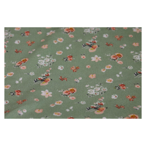 9.96EUR/m - entzückender Crépe Marocaine - Streublumenmuster - Lindgrün-Orange – Bild 3
