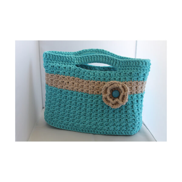 exclusive Crochet Bag- Tasche gehäkelt - Shopper - kurzer Griff - Türkis - Grau