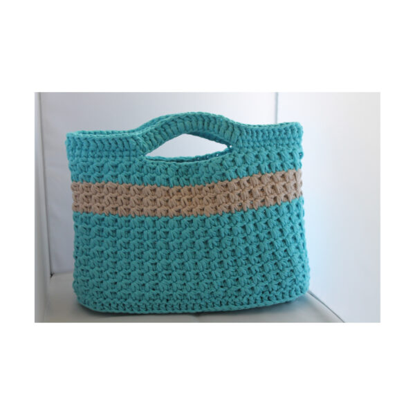 exclusive Crochet Bag- Tasche gehäkelt - Shopper - kurzer Griff - Türkis - Grau – Bild 3