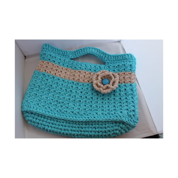 exclusive Crochet Bag- Tasche gehäkelt - Shopper - kurzer Griff - Türkis - Grau – Bild 2
