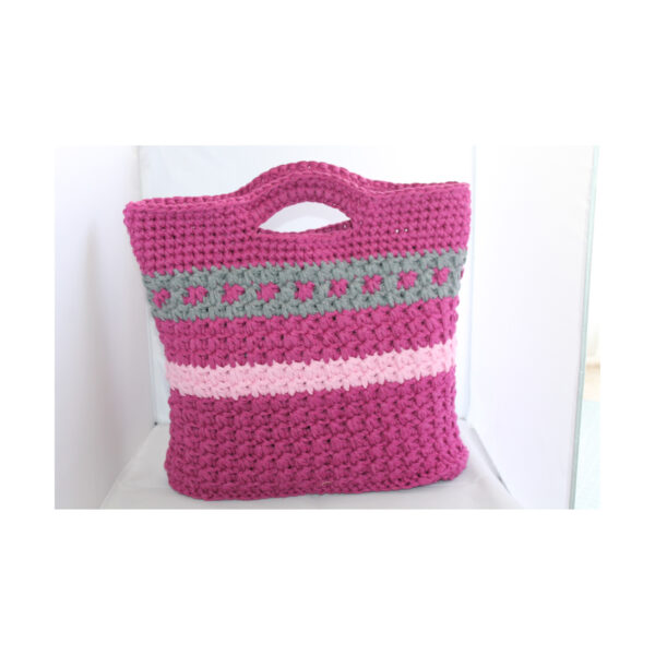 Crochet Bag, Tasche gehäkelt, Shopper, kurzer Griff, Pink - Rosa - Grau – Bild 3