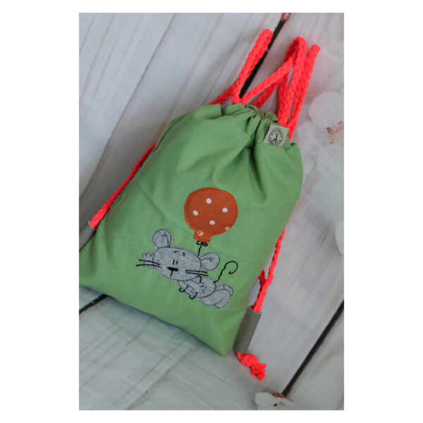 1 einzigartiger Kinderrucksack - Turnbeutel - Wanderbeutel - Dekostoff - hellgrün - Maus – Bild 2