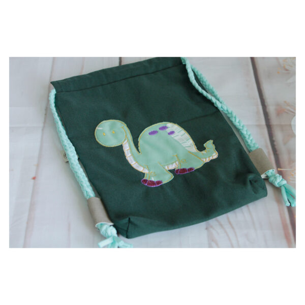 1 einzigartiger Kinderrucksack - Turnbeutel - Wanderbeutel - Dekostoff - Dunkelgrün - Dino – Bild 2