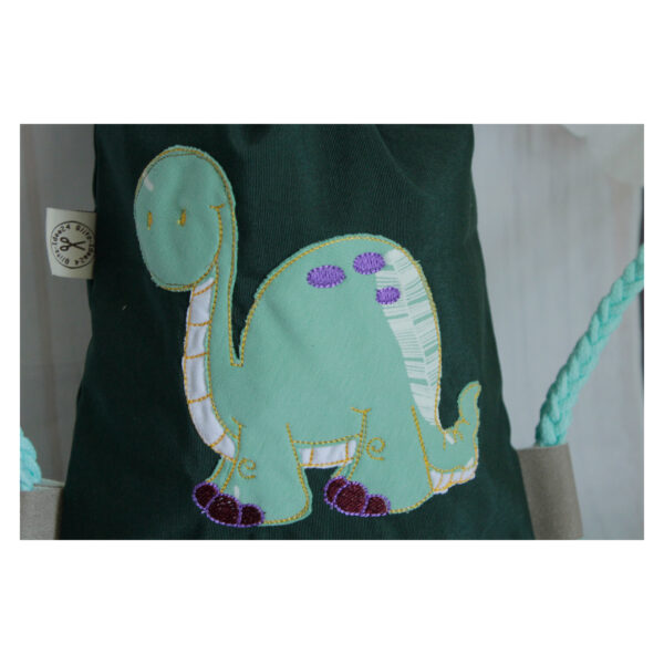 1 einzigartiger Kinderrucksack - Turnbeutel - Wanderbeutel - Dekostoff - Dunkelgrün - Dino – Bild 5