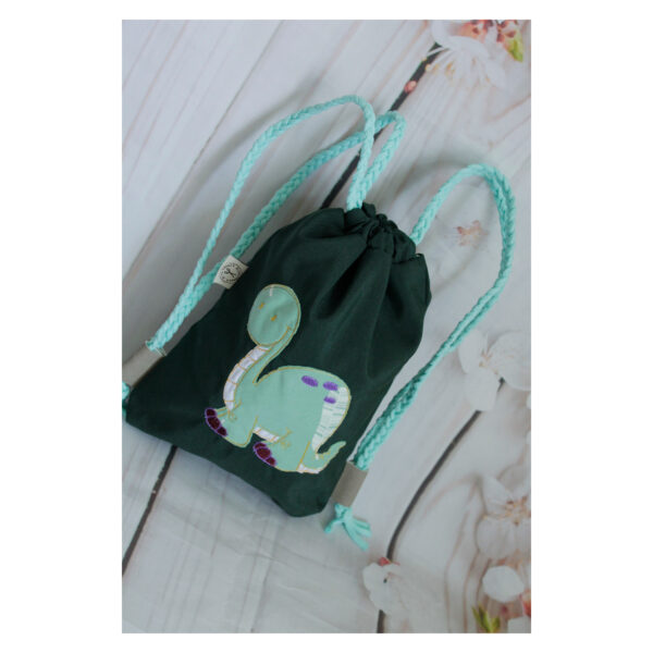 1 einzigartiger Kinderrucksack - Turnbeutel - Wanderbeutel - Dekostoff - Dunkelgrün - Dino – Bild 6