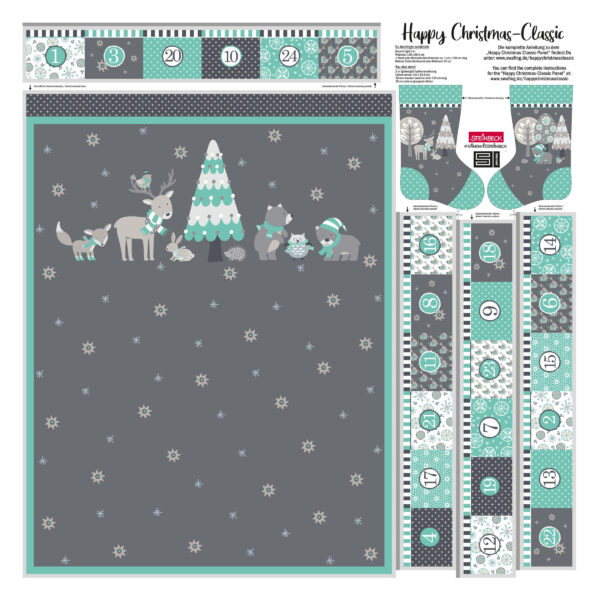 16.03EUR/ 1m - Baumwollpanel - Happy Christmas Classic by Steinbeck - Swafing - Mint , Grau