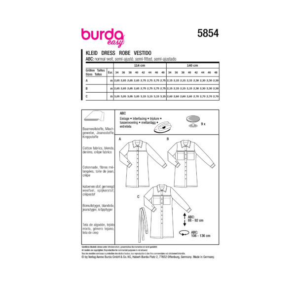 Burda Style Schnittmuster Nr. 5854 - Kleid - Hemdkleid - lange Ärmel - Kragen – Bild 8